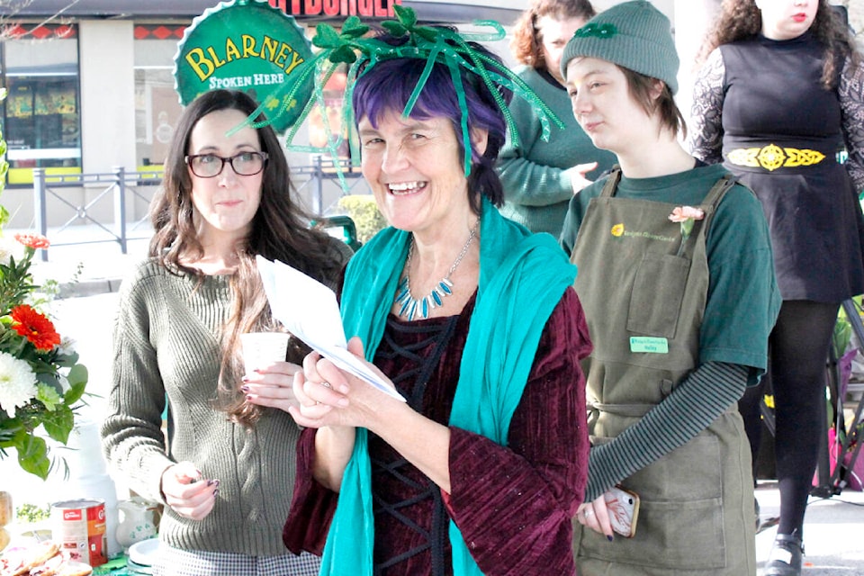 Sandra Taylor (centre) hosted a St. Patrick’s Day celebration at her Westgate Flower Garden shop on March 17, which featured Irish dancing, free desserts, a prize raffle, and a motivational speaker. (Brandon Tucker/The News)