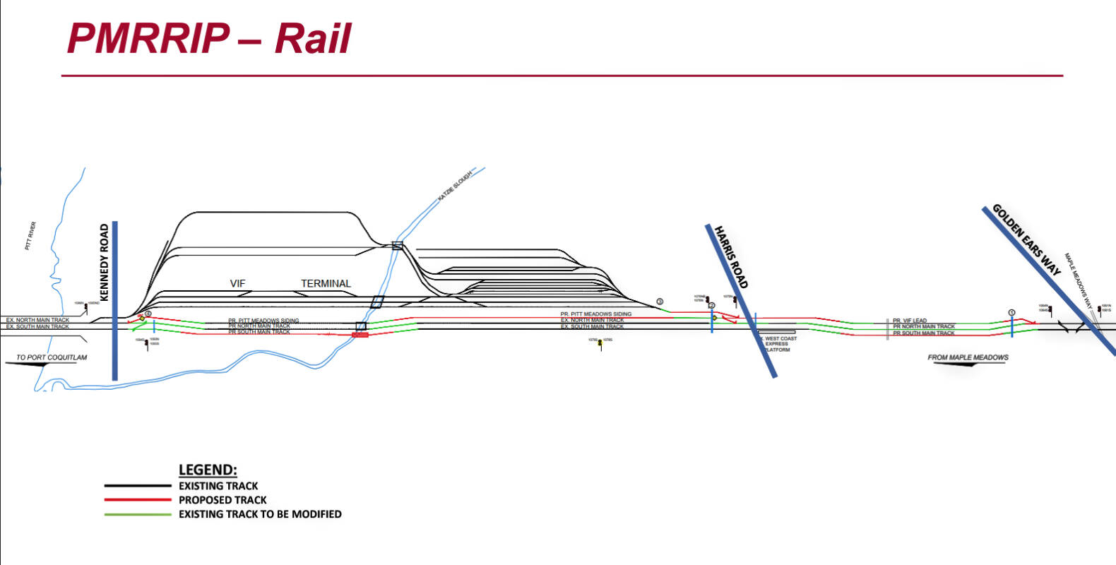 This map shows the planned changes for the upcoming new third rail line in Pitt Meadows. (CP Rail/Special to The News)