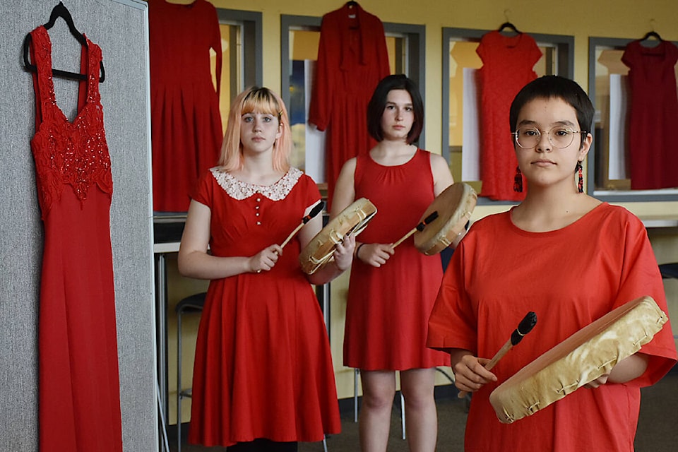From left: Peyton Foster, Eden Owens, and Nye Holmes, Grade 10 students at Maple Ridge Secondary, and members of the Circle of Indigenous Youth and Allies. (Colleen Flanagan/The News)