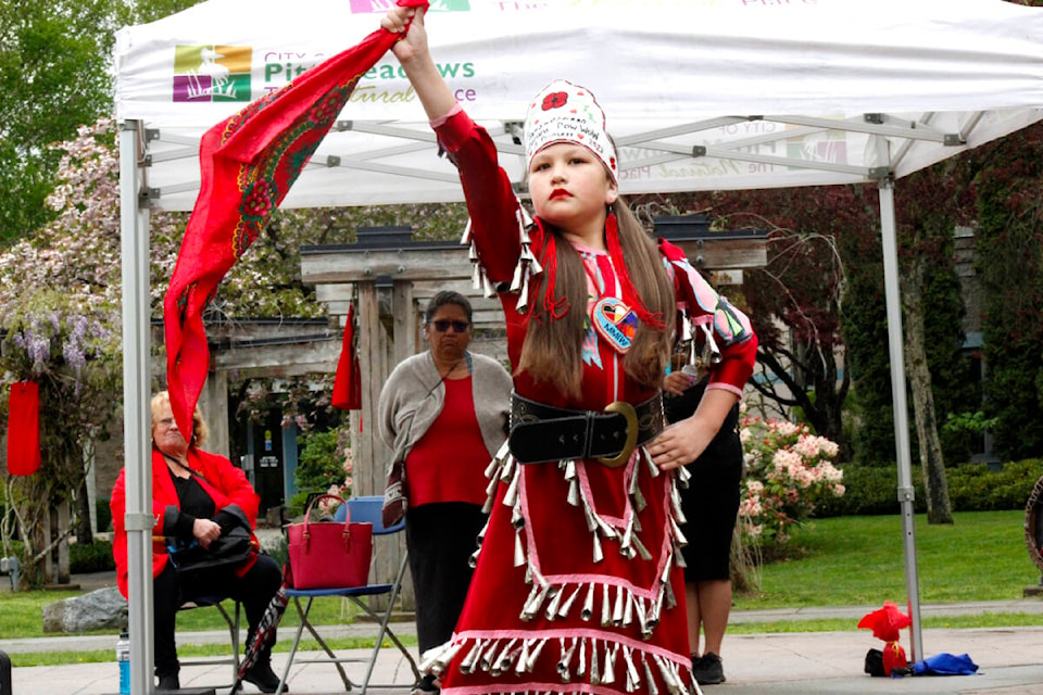 Sariah, Squamish Nation Veterans Jr Powwow Princess, performed a dance at the Red Dress Day event in Spirit Square on May 5. (Brandon Tucker/The News)