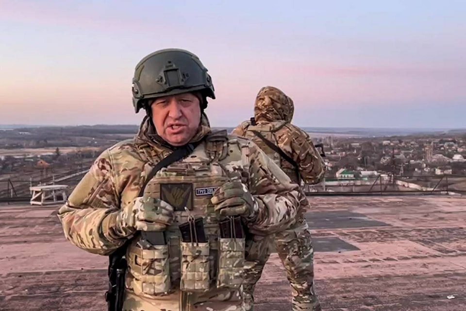 FILE - In this handout photo taken from video released by Prigozhin Press Service on Friday, March 3, 2023, Yevgeny Prigozhin, the owner of the Wagner Group military company, addresses Ukrainian President Volodymyr Zelenskyy asking him to withdraw the remaining Ukrainian forces from Bakhmut to save their lives, at an unspecified location in Ukraine. Prigozhin’s criticism of the top military brass is in stark contrast with more than two decades of rigidly controlled rule by President Vladimir Putin without any sign of infighting among his top lieutenants. (Prigozhin Press Service via AP, File)