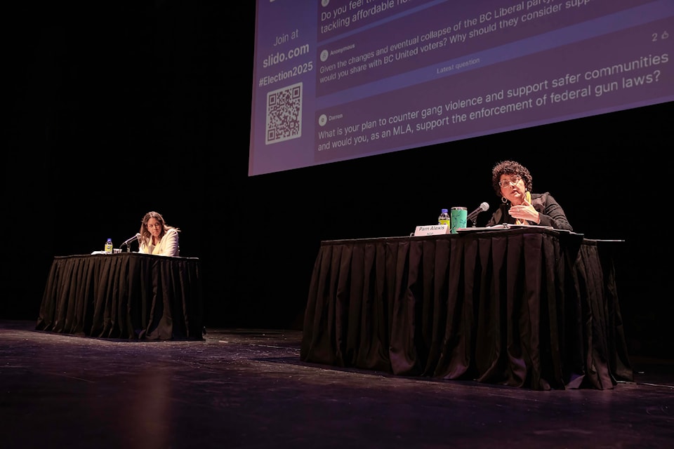Incumbent NDP MLA Pam Alexis (right) and B.C. Conservative candidate Reann Gasper (left) answered questions at an All-Candidates Meeting for Abbotsford-Mission at Clarke Theatre on Thursday (Oct. 3). 