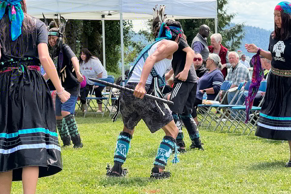 The Pil'alt Warriors Traditional Dance Group showcase their talents at the LMS Society Land Back Celebration on Tuesday (June 17). 