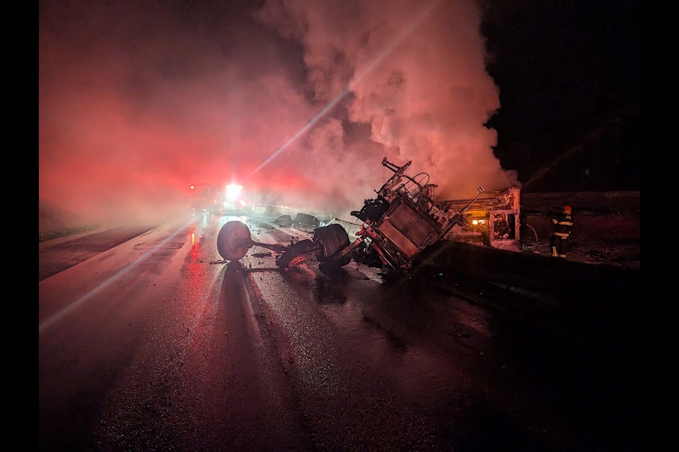 A semi truck flipped and caught fire on Thursday morning (March 27), impacting eastbound traffic on Highway 1. 