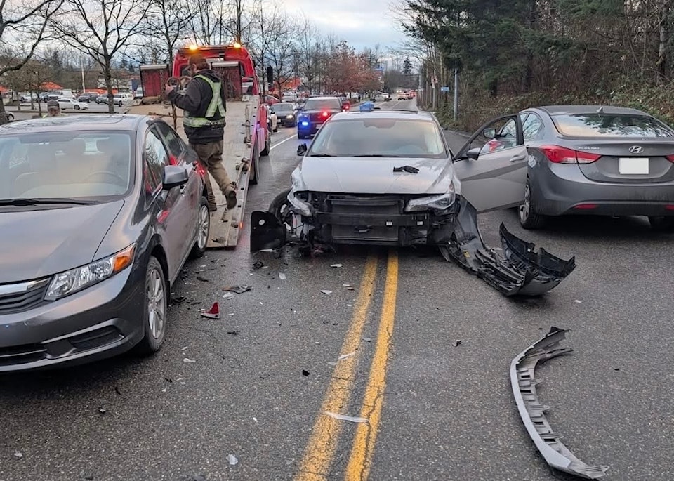 Stolen vehicle flees police, crashes into two cars in Abbotsford
