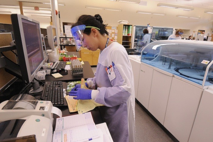 LIsa Hsieh reviews analysis worksheets at BC BioMed.
EVAN SEAL / THE LEADER