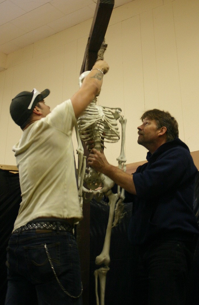 Shane White and Robert MacDonald set up the haunted house at Silverdale Hall.