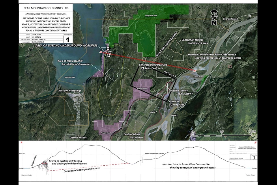 A map of the development area for the potential mine. The current entrance as created a number of decades ago sits off of Bear Mountain Forest Service Road. the proposed underground entrance to the mine will be along a proposed road connecting Highway 7 to a B.C. Hydro service corridor. (Contributed Photo/Bear Mountain Gold Mines)
