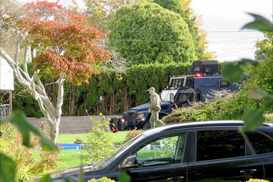 Officers with the Lower Mainland Emergency Response Team were at a White Rock home Tuesday (Oct. 20) to assist Vancouver Police Department with execution of a search warrant. (Contributed photo)