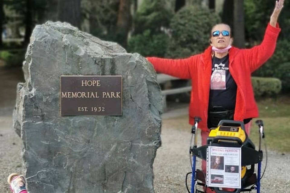 April Parisian’s mother Keitha Parisian speaks at the MMIW Takes Back Canada rally in Hope. April has been missing for nearly a year from her home community of Spuzzum. (Photo/Trish Dunbar)