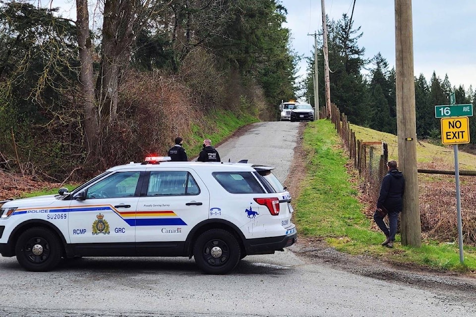 Surrey RCMP were at 194 Street and 16 Avenue Friday (March 19, 2021) dealing with a burned-out vehicle. The file is suspicious, police say. (Nick Greenizan photo)