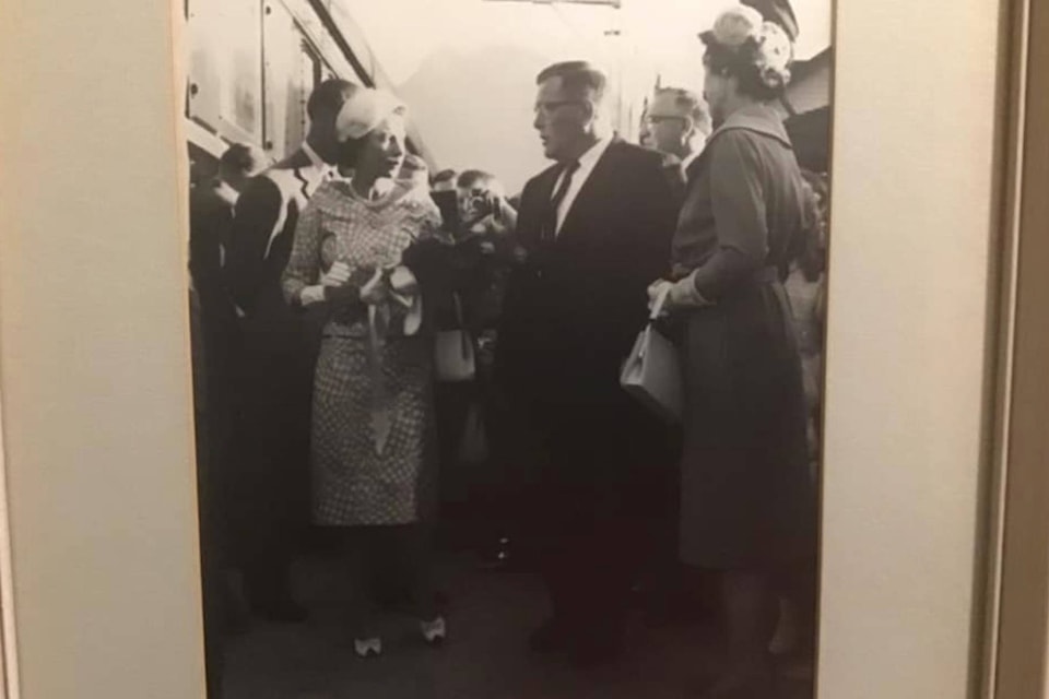 Peter Scherle shared this 1958 photo of his father, then-Town Chairperson Paul Scherle (centre) speaking with Queen Elizabeth II with Philip, Duke of Edinburgh, in the background. Prince Philip passed away April 9 at the age of 99. (Photo/Peter Scherle)