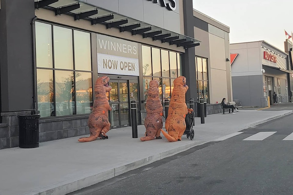 A pack of three T-Rexes were reportedly seen shopping near Winners at the Junction Shopping Centre in Mission. Facebook photo / Carla Jayne.