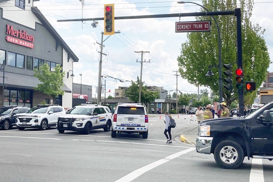 Police have southbound lanes blocked along 227 Street at Dewdney Trunk Road. (Ronan O’Doherty/The News)