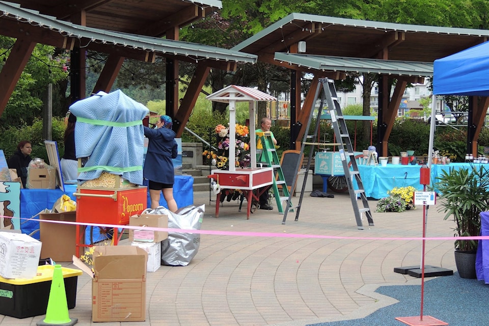 Set designers transform Civic Square in Harrison Hot Springs into a night market during the filming of “The Willows,” which will be in Harrison until June 8. The Hallmark movie is directed by Jessica Harmon, who also directed “My Best Friend’s Bouquet,” which filmed in Agassiz and Harrison last year. See more photos at agassizharrisobserver.com. (Adam Louis/Observer)