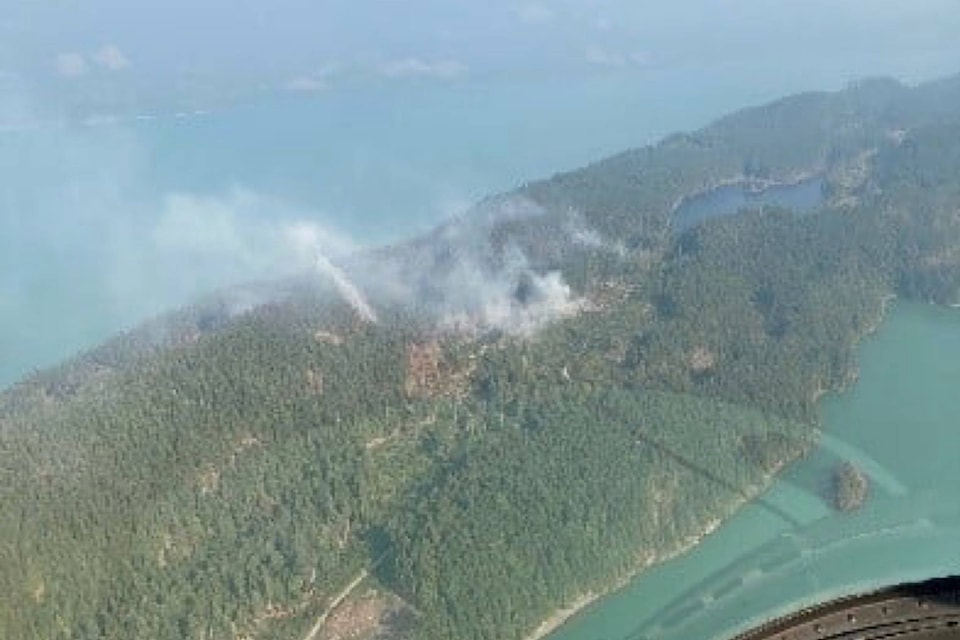 An overhead view of the Long Island fire in north Harrison Lake. The fire has spread to cover about 50 hectares, and fire crews have been fighting the blaze day and night. (Photo/B.C. Wildfire Service)