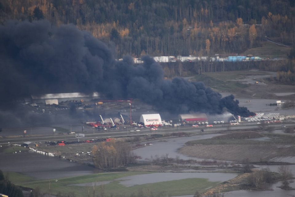 A fire at Four Seasons RV belched black smoke into the skies on Wednesday (Nov. 7) morning. (Ben Lypka/Abbotsford News)