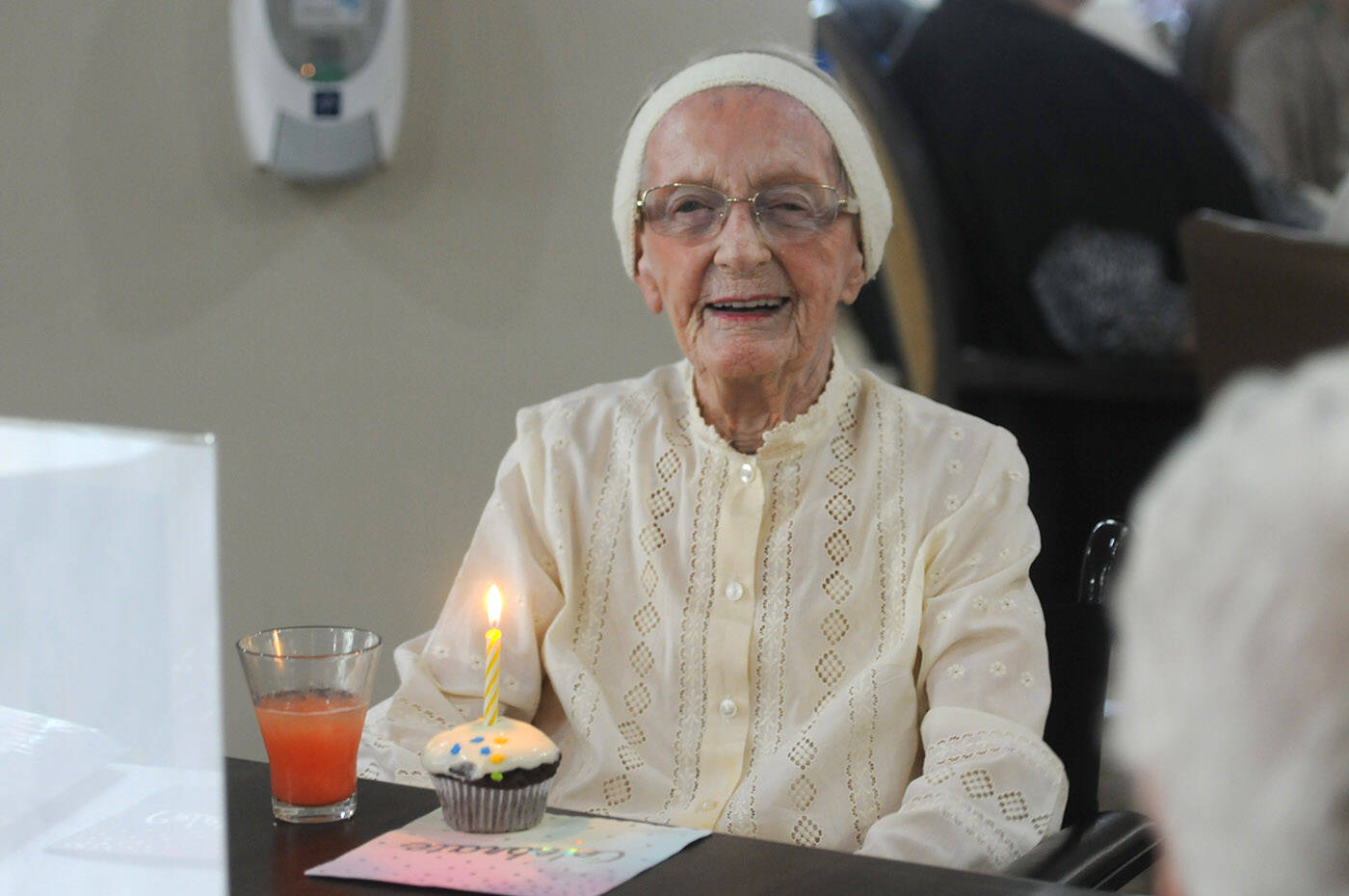 Hedy Sutulov celebrates her 108th birthday with her friends on Aug. 10, 2022 at Chartwell Birchwood Retirement Residence where she lives. She turned 108 on Aug. 18, 2022. (Jenna Hauck/ Chilliwack Progress)