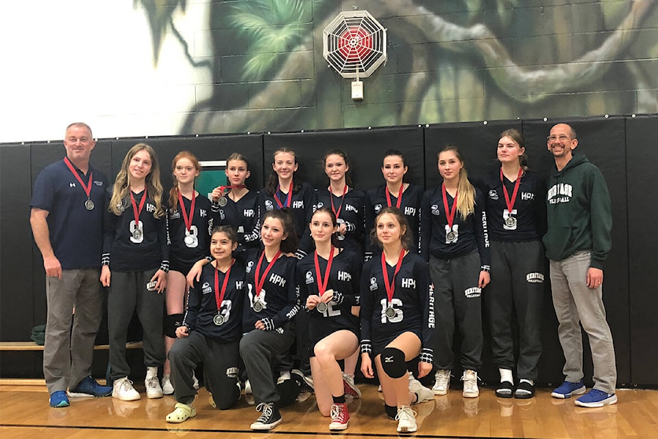 The Heritage Park Middle School grade nine girls’ volleyball team was awarded silver medals at provincials on the weekend. /Submitted: Andrew Hale