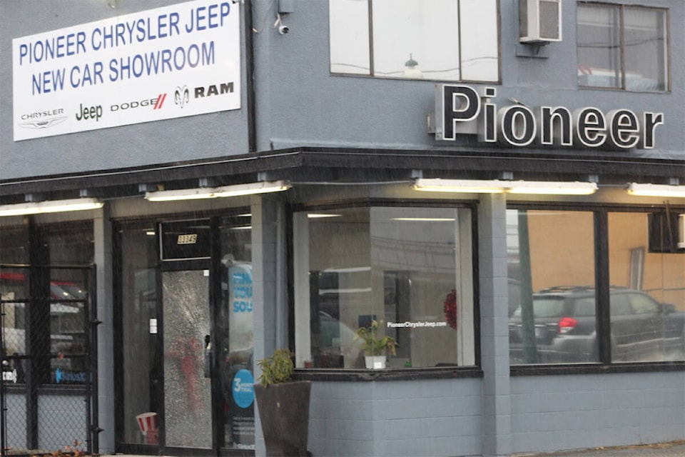 Damage was done to the Pioneer Chrysler Jeep building on First Avenue in Mission along with the front gate after a break in on Tuesday morning (Nov. 22). /Dillon White photo
