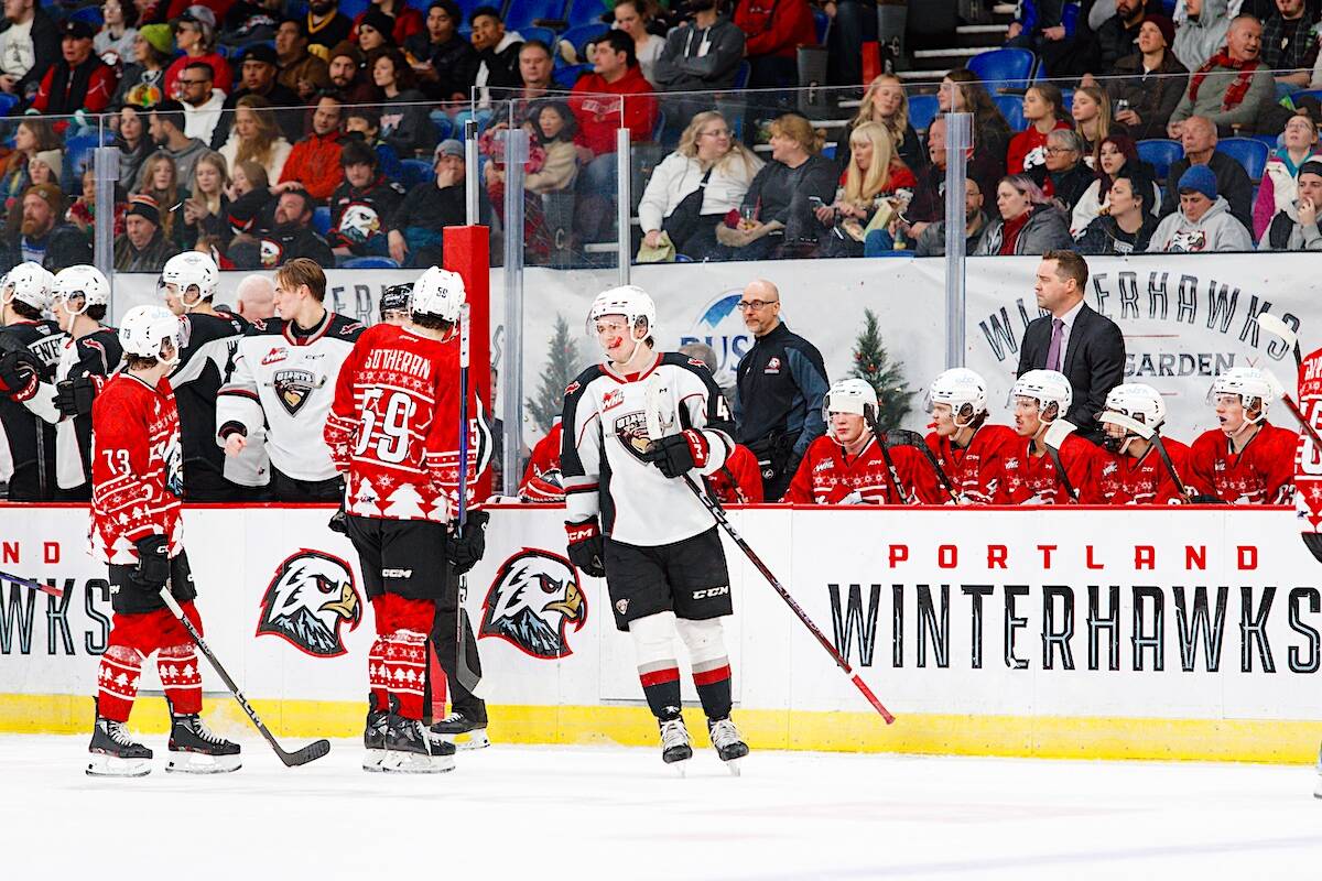 Vancouver Giants mounted a comeback against the Winterhawks Saturday, Dec. 17 at Veterans Memorial Coliseum in Portland, scoring four straight, but the Hawks hung on to win in overtime. (Keith Dwiggins/Special to Langley Advance Times)