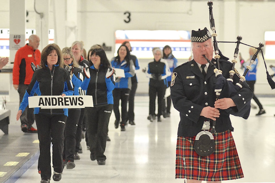 Langley’s Team Andrews, the defending 2022 senior women’s champions, was at the front of the procession piped on to the ice Wednesday, March 21, at the official start of the 2023 Connect Hearing BC Senior Curling Championships at the Langley Curling Centre. (Dan Ferguson/Langley Advance Times)