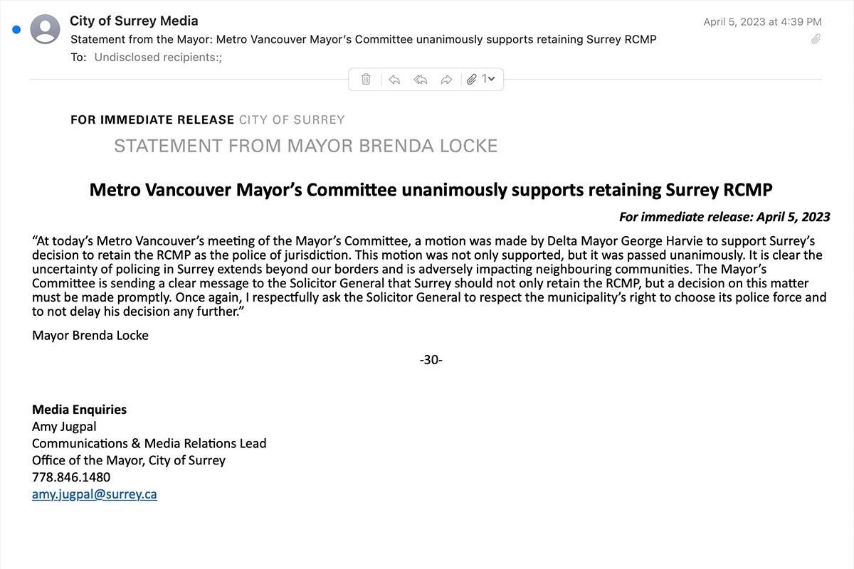 City of Surrey press release