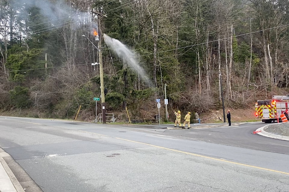 A transformer atop a street pole caught fire on Thursday morning (April 13) near Stave Lake Street and Best Avenue in Mission. /Dillon White Photo