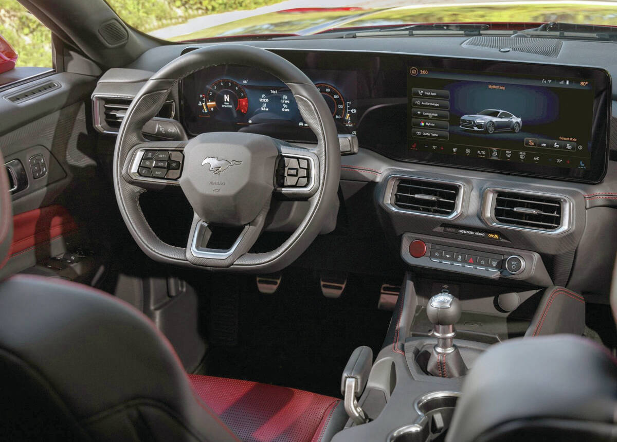 A significant change for the Mustang is wide flat dash panel: Theres a 12.4-inch display thats fully configurable, and to the right is a 13.2-inch touch-screen for most of the vehicles variable functions. PHOTO: FORD