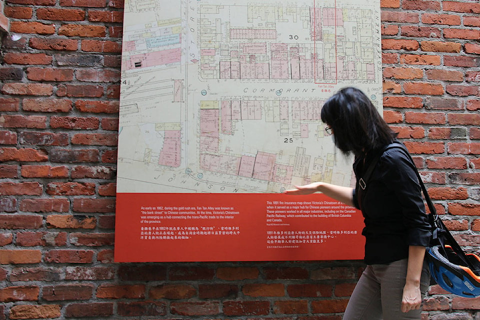 Tzu-I Chung, curator of the exhibit, explains the history of Fan Tan Alley and points to a map from 1891. (Kendra Crighton/News Staff)