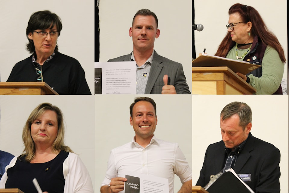 Local provincial election candidates who signed a pledge supporting fair care included Shirley Lambrecht, top left, Brett Fee and Lia Versaevel, and Gwen O’Mahony, bottom left, Adam Walker and Dale Parker.