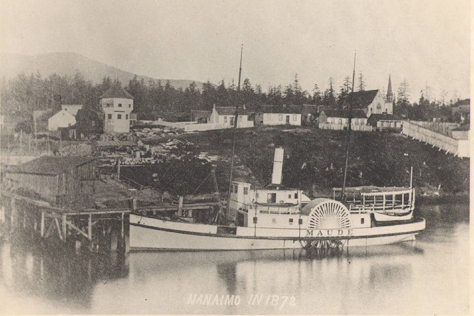 Nanaimo in 1872. The courthouse where council held its first meeting in 1875 is positioned on the opposite side of the jail, which can be identified from its wood fence on the right hand side. (Nanaimo Community Archives)