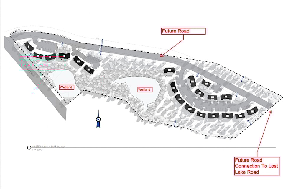 Rezoning has been approved to allow an 80-unit multi-family development on steep land in Nanaimo's Lost Lake area. 