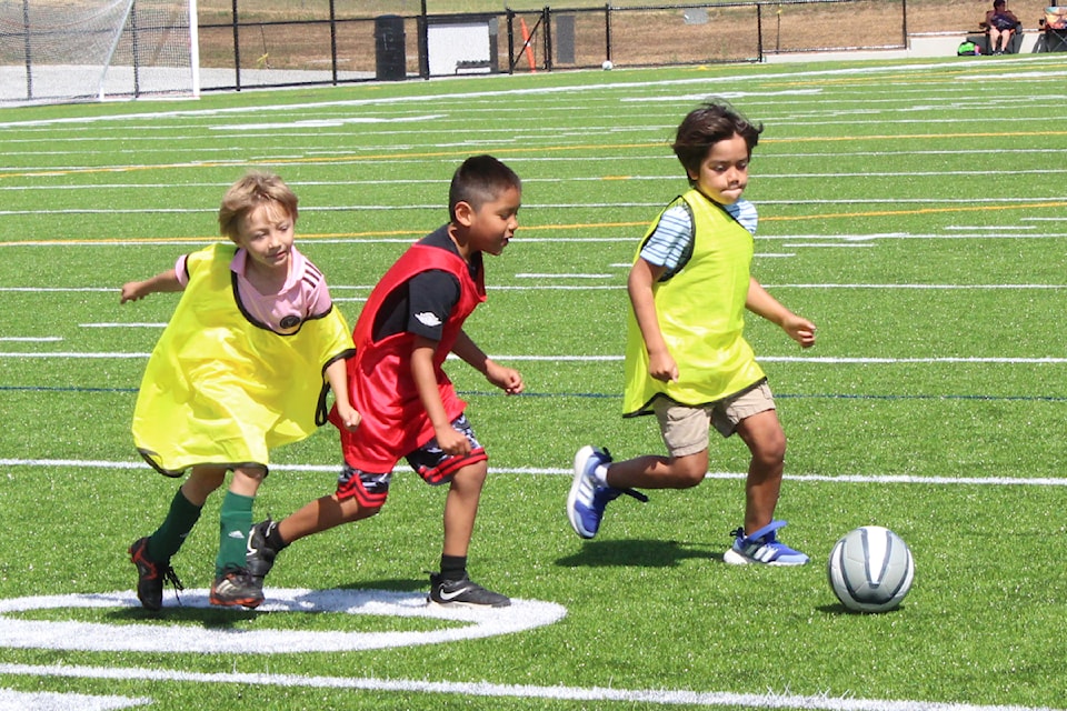 Players from across the Coast Salish region compete together in soccer action at Harewood Centennial Park on Tuesday, July 23.