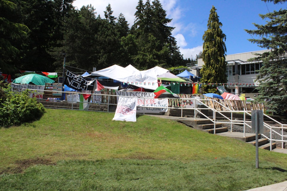 The Palestine Solidarity Encampment at Vancouver Island University's campus in Nanaimo on June 11.