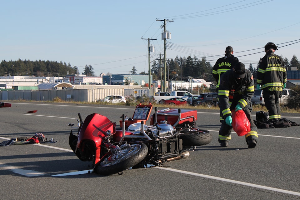The driver of a motorcycle was airlifted with injuries to hospital in Vancouver after colliding with two vehicles on the old Island Highway on Thursday, Oct. 24.