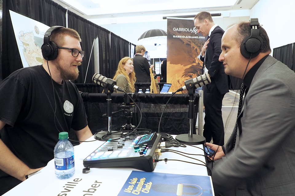 Clinton Nellist, producer of Van Isle Chats, left, interviews Allan Balladares, RBC investment retirement planner. 