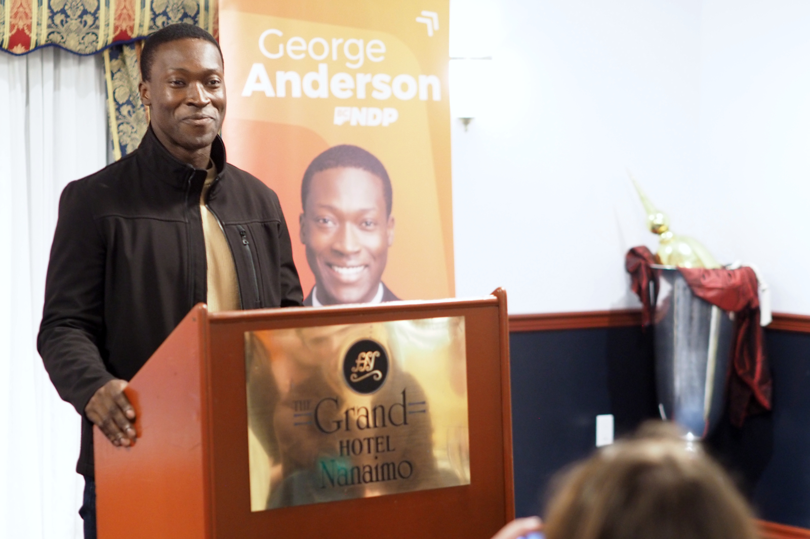 George Anderson, newly elected MLA for Nanaimo-Lantzville, addresses supporters Saturday, Oct. 19, at the Grand Hotel in Nanaimo. (Chris Bush/News Bulletin)