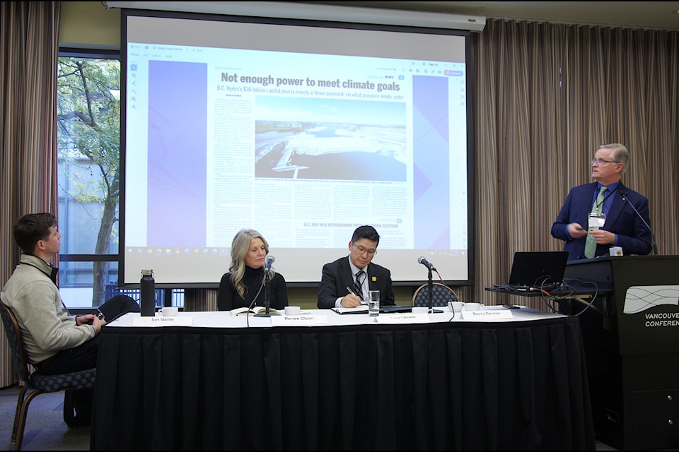 Industry experts Ian Welle, left, Renee Olson, Yuho Okada and panel moderator Barry Penner discuss challenges of meeting the Island's growing energy needs in the face of the province's carbon emissions targets. 