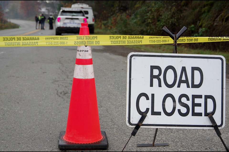 Part of Harmac Road, between Cedar and Macmillan roads, is closed as police investigate an alleged hit-and-run.