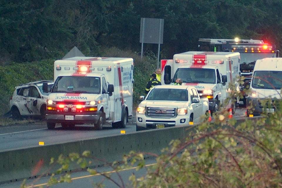 An SUV went hundreds of metres down the wrong side of the old Island Highway before rolling over on Wednesday, Jan 15. (Chris Bush/News Bulletin)