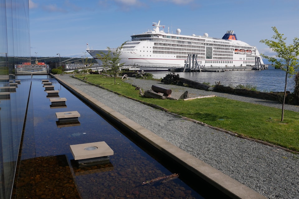 MS Europa 2 marked the start of Nanaimo's 2025 cruise ship season when it tied up in the harbour Monday morning, April 21. (Chris Bush/News Bulletin)