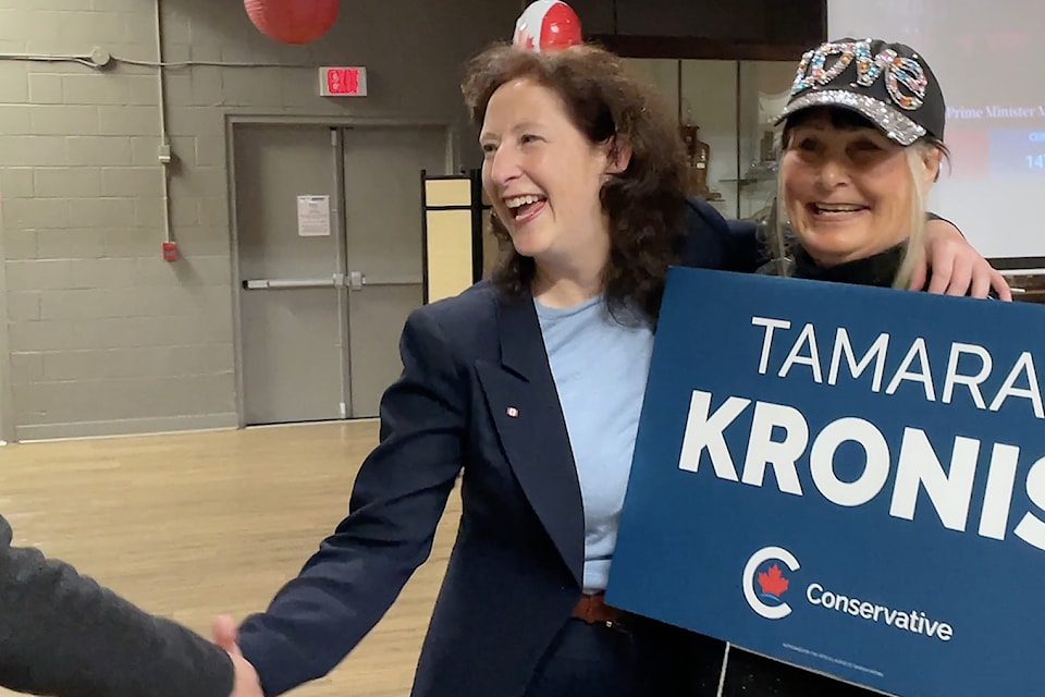 Tamara Kronis, Conservative Party of Canada candidate, is congratulated after winning election as Nanaimo-Ladysmith's next MP. (Chris Bush/News Bulletin)