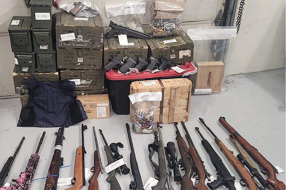 Nanaimo RCMP confiscated hundreds of rounds of ammunition and multiple firearms after a man was arrested for allegedly pointing a gun at a person May 2. 
(Photo submitted)