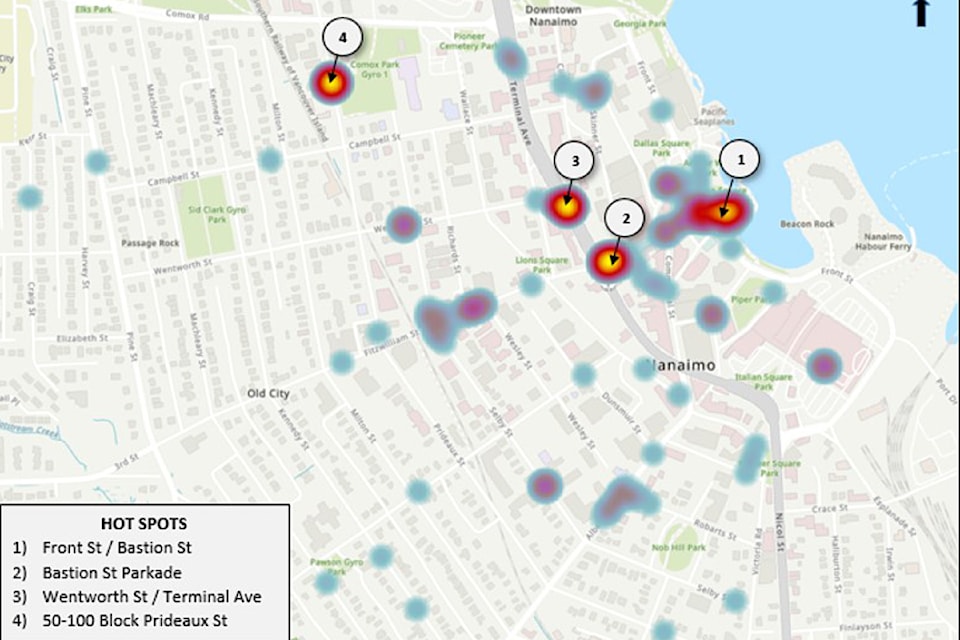A Nanaimo RCMP graphic shows hot spots for vehicle break-ins near downtown Nanaimo in 2025. (Image submitted)