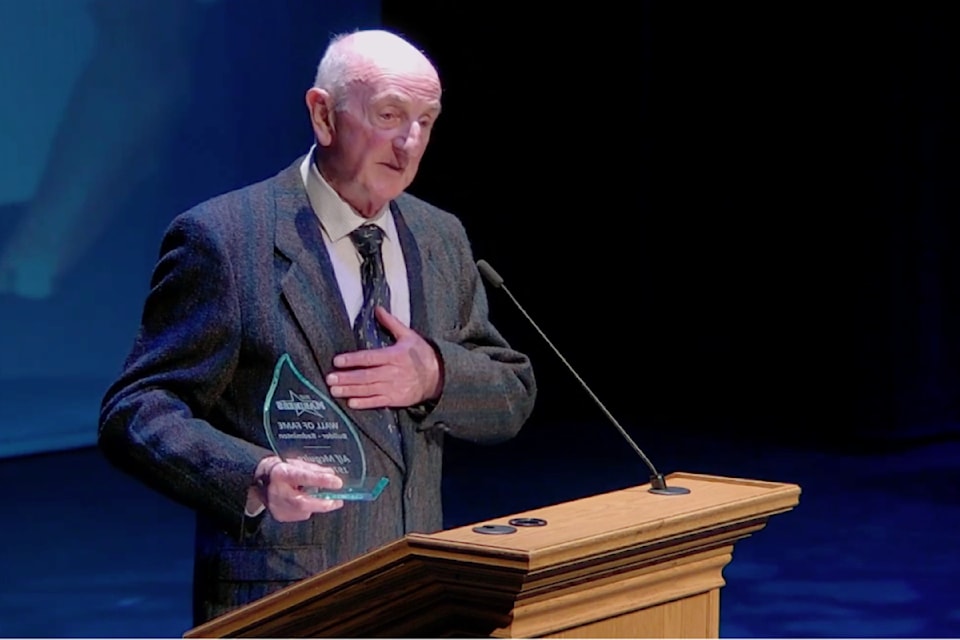 Alf McGuire, former VIU badminton coach, at an awards ceremony at the Nanaimo campus on April 11. (Photo courtesy of VIU Athletics)