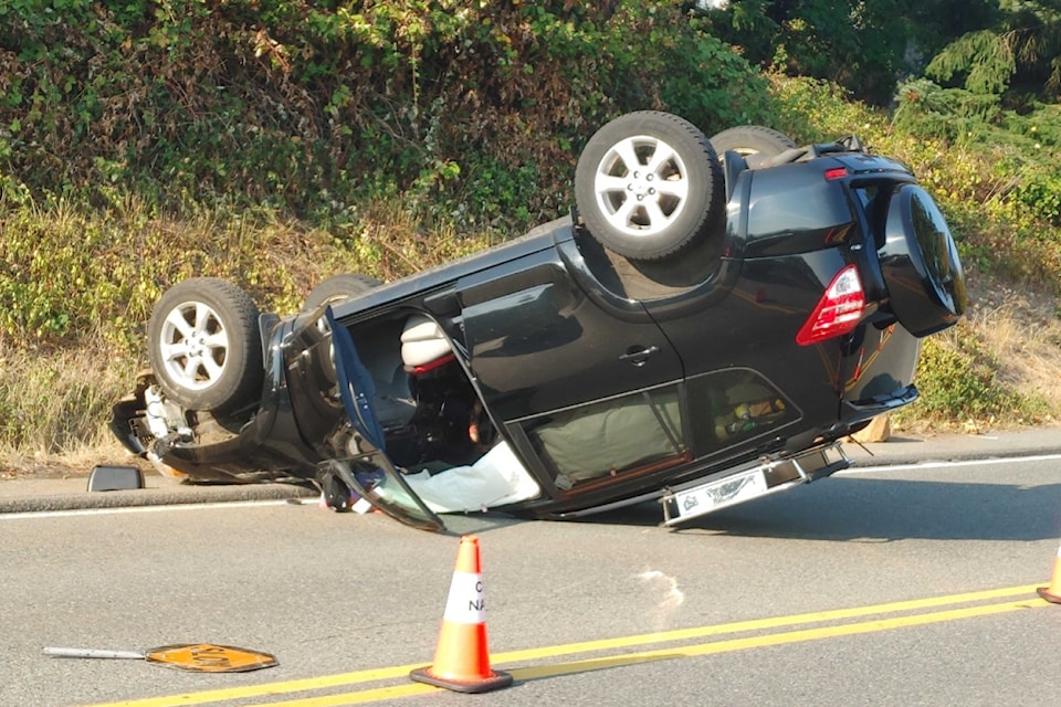 No injuries as vehicle rolls upside-down in crash on Hammond Bay Road in Nanaimo