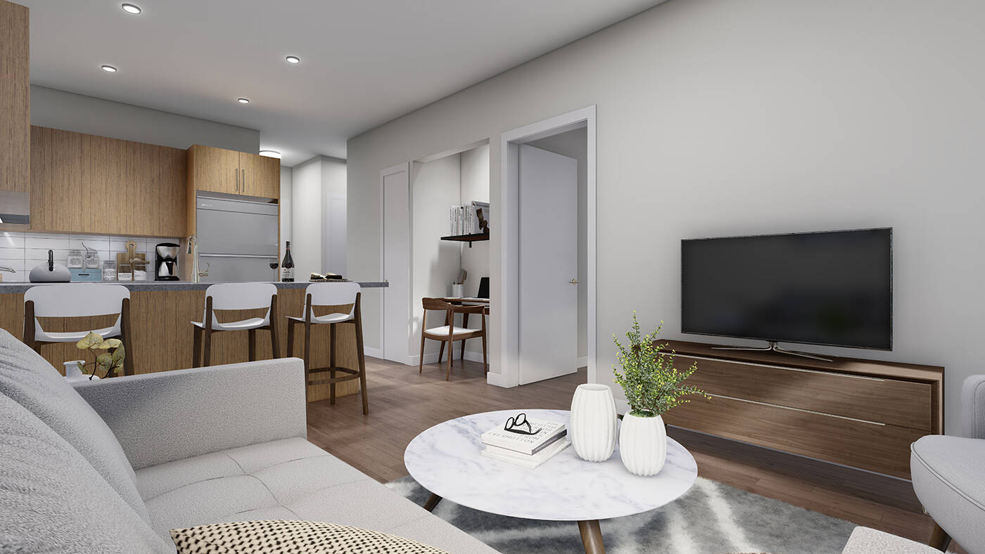 The one-bedroom Valdes floor plan apartments provide 599 sq. ft. and one bathroom in the open-concept living space.