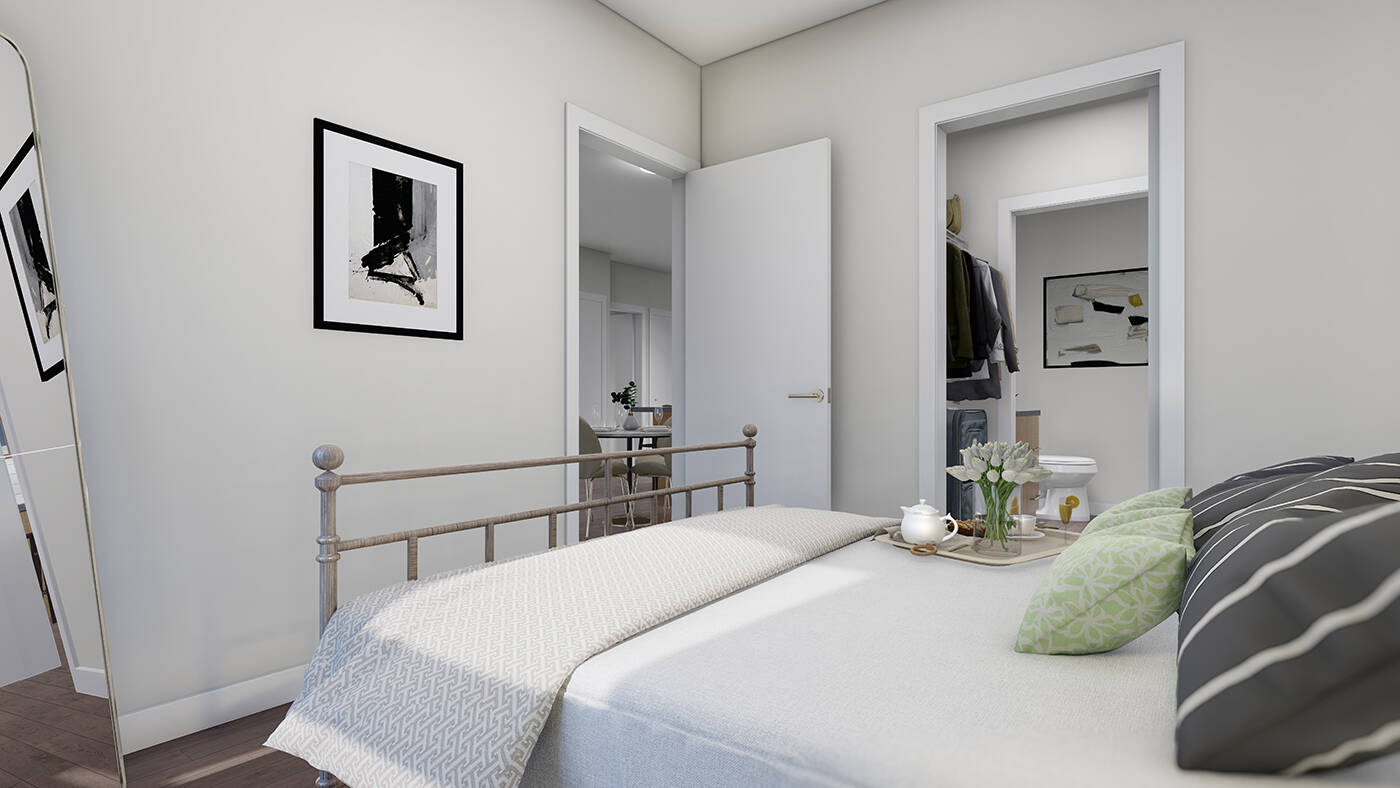 Artist rendering of Uplands Terraces DArcy two-bedroom floor plan, featuring a bedroom with walk-through closet.