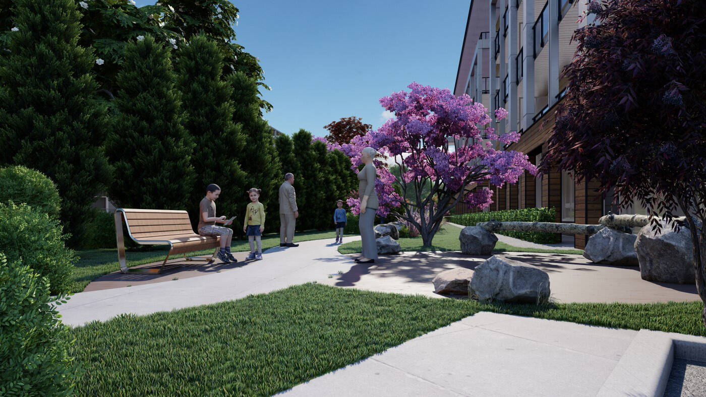 Rendering of the green space and meditation area at Uplands Terrace